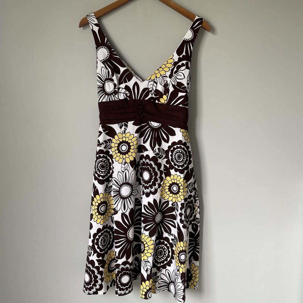B. Smart y2k 2000's Floral Print Midi Dress Brown Yellow Cotton Blend Size 12